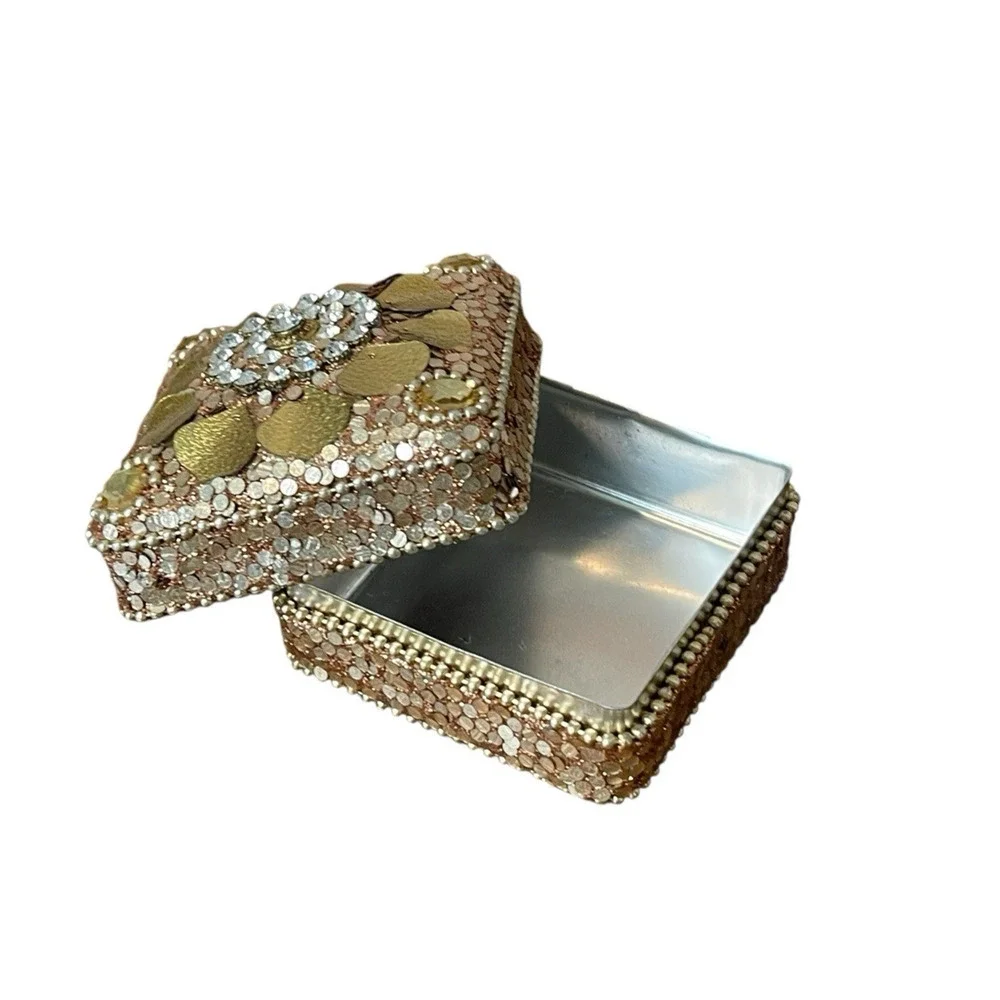 Gold Beaded Trinket Box Sequins Jewelry Box 18th Century Colonial Reenactment